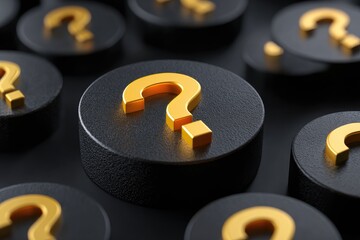 Golden question marks on black circles