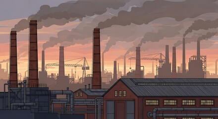 Factory skyline at sunset.