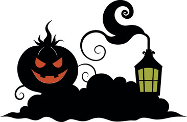 Halloween Pumpkin Silhouette with Crooked Smile, Sitting Near Flat Surface, Vector Illustration