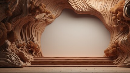 Abstract Wooden Forest Scene with Curved Tree Trunks and Fuzzy Trees in Warm Brown Tones