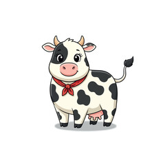 Adorable cartoon black and white cow with a red bandana smiling happily on a white background. This cute bovine features classic black and white patches and wears a red bandana around its neck.