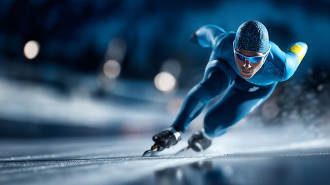 A speed skater races on a track hyper realistic skate details with clear textures moody shadows on the ice bright saturation in athletic gear speed skating competitive sports