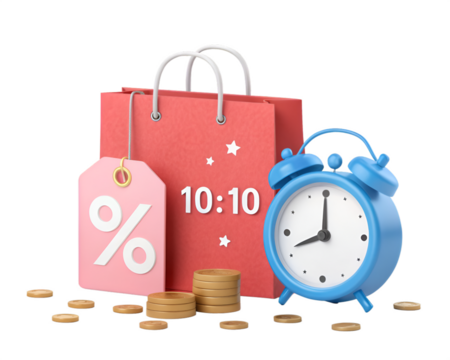 Red shopping bag with percentage tag blue alarm clock and coins red bag discount
