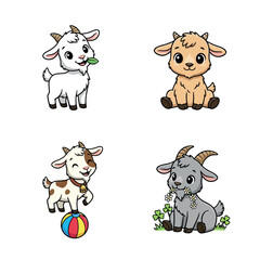 A collection of four charming cartoon baby goats, each rendered in a distinct artistic style, showcasing their playful and innocent nature. baby goats in different styles and poses.