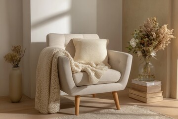 Beige armchair with knitted throw and vase of dried flowers