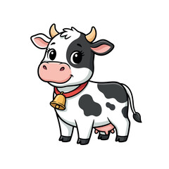 A charming, stylized illustration of a black and white cow wearing a red collar with a bell. It has large, expressive eyes and a friendly demeanor.  Adorable cartoon cow with big eyes and bell.