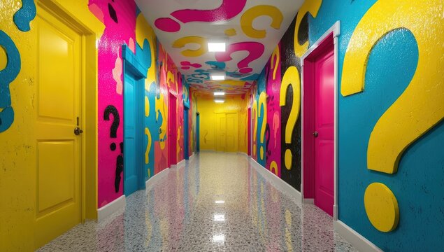 Colorful hallway with question marks