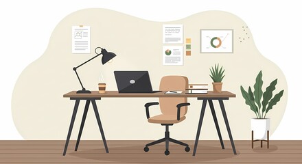 Modern home office desk with laptop and plants for remote work