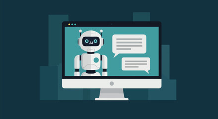 A computer monitor showcases a digital interface with a cute robot character. Two speech bubbles indicate a conversation, representing AI chatbot technology and online communication.