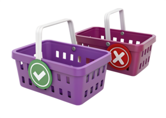 Two 3d purple shopping baskets with check and cross symbols retail commerce
