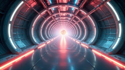 Futuristic Neon Tunnel Leading to a Glowing Orb A Sci-Fi Corridor with Red and Blue Illumination