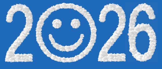 New Year2026. Clouds in shape of the letter 2026. Zero in the form of a smile.