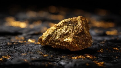 Close-up of raw gold nugget on dark surface