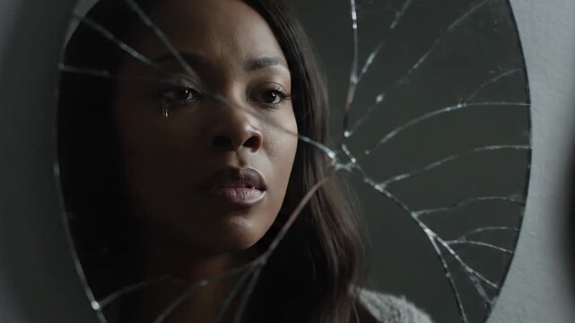 Woman's sad reflection in a shattered broken mirror