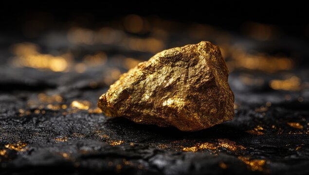 Close-up of raw gold nugget on dark surface