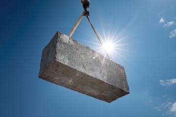 Concrete block lifted by crane