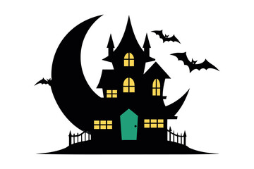 Halloween Creepy Haunted House with Crooked Balcony and Flying Bats, Vector Illustration 