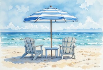 Obraz premium A Classic Beach Scene Rendered in a Fluid and Expressive Watercolour Technique