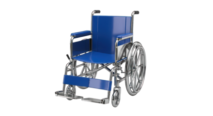 Modern Blue Wheelchair with Metal Frame and Footrests.