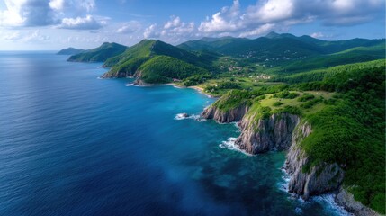 Aerial View of Lush Green Tropical Island with Turquoise Waters and Rocky Cliffs Under Blue Sky in Summer Cinematic HDR Landscape