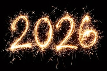 Sparklers trace the glowing numerals 2026 in golden light painting against a deep black background, celebrating new year, festive countdown, future and bright beginnings