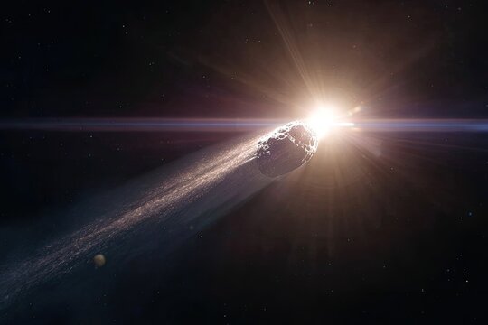 Asteroid hurtling through space towards a bright star - Powered by Adobe