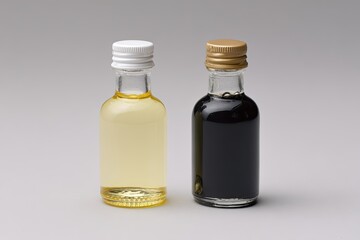 Two small bottles of liquid, one light yellow, one dark