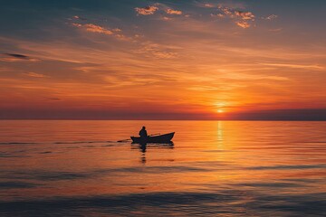 Fototapeta premium Silhouette of a lone boatman at sunset