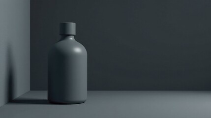 A sleek, dark gray bottle with a simple cap rests in a minimalist corner setting, showcasing its elegant design and clean lines against a muted background.