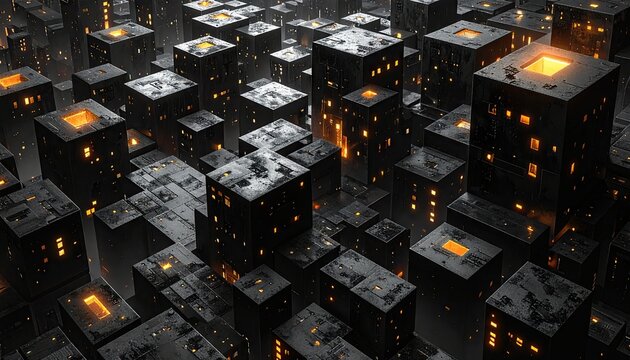 Futuristic abstract city night with glowing cubic buildings digital technology.
