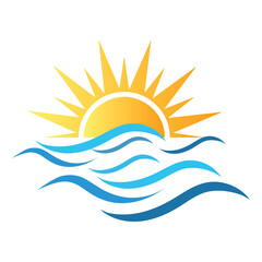 Obraz premium Sunrise over ocean waves icon in blue and golden gradient lines