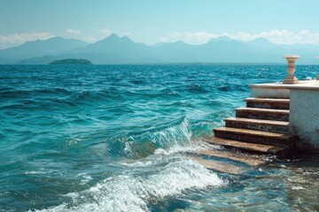 Lakeside steps leading into a vibrant blue sea