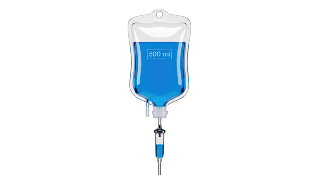 Intravenous Drip Bag with Blue Liquid Medical Concept.