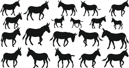 Donkey silhouettes collection in different walking and standing poses, vector animal illustration, livestock artwork, farm design, wildlife clipart, countryside graphic