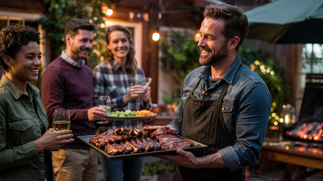 Man proudly shows off perfectly grilled ribs to his uests