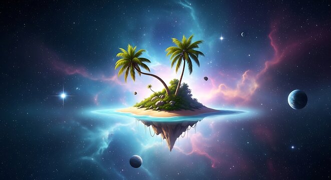Fantasy island with palm trees floats in a colorful nebulafilled galaxy in deep space