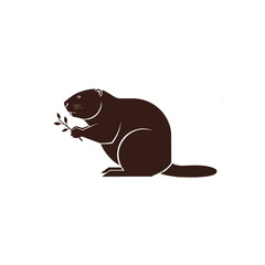 Beaver holding a twig, brown silhouette on white background.