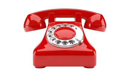 Classic Red Rotary Dial Telephone on White Background.
