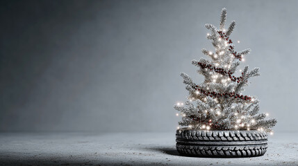 A Christmas tree made from car tires with garlands, a festive decoration with space for text. New Year's in the industrial and transportation sectors