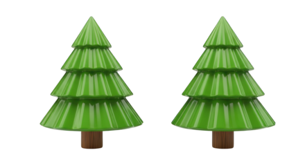 Two Green Decorative Christmas Trees with Brown Wooden Bases.