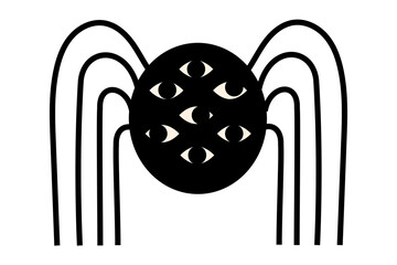 Halloween creepy spider with multiple eyes and long curved legs. Black and white spooky arachnid silhouette with seven eyes for October horror decorations and scary creature designs. High-res PNG