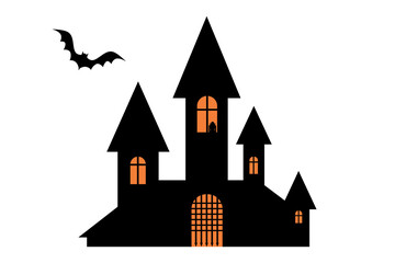 Halloween haunted castle silhouette with glowing orange windows and flying bat on white background. Spooky gothic mansion vector illustration for October holiday designs and decorations. High res PNG