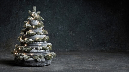 A Christmas tree made from car tires with garlands, a festive decoration with space for text. New Year's in the industrial and transportation sectors
