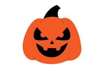 Halloween jack-o'-lantern pumpkin with evil grin and angry eyes. Orange carved pumpkin with menacing black facial expression and black stem for spooky October decorations. High resolution PNG