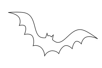 Halloween bat outline with black wings spread wide. Simple line art flying bat silhouette for October spooky decorations, coloring pages, and minimalist Halloween designs. High resolution PNG 