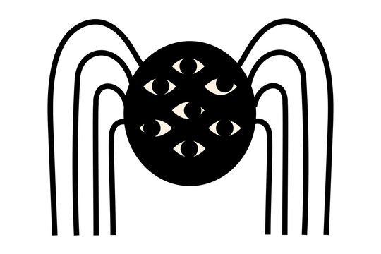 Halloween creepy spider with multiple eyes and long curved legs. Black and white spooky arachnid silhouette with seven eyes for October horror decorations and scary creature designs. High-res PNG