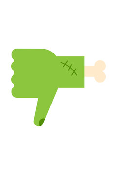 Halloween zombie thumbs down hand with stiches. Green undead disapproval gesture. Perfect for spooky horror, scary decor, and October themed designs.. High resolution PNG