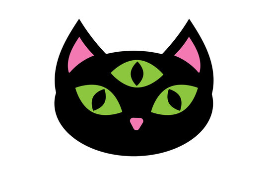 Halloween black cat face with three green eyes and pink nose. Spooky mystical feline with magical third eye for October witch decorations and supernatural creature designs. High resolution PNG 