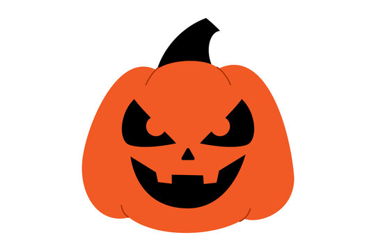 Halloween jack-o'-lantern pumpkin with evil grin and angry eyes. Orange carved pumpkin with menacing black facial expression and black stem for spooky October decorations. High resolution PNG