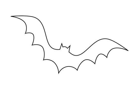 Halloween bat outline with black wings spread wide. Simple line art flying bat silhouette for October spooky decorations, coloring pages, and minimalist Halloween designs. High resolution PNG 